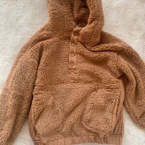 Brown Teddy Sherpa Pullover Hoodie Half Button Hooded Sweatshirt Size Large